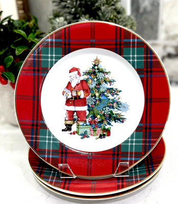 Williams Sonoma Red Tartan SALAD Plates Santa s List Christmas Plaid S/4 ~NEW