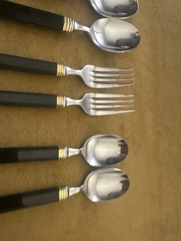 Juego de cubiertos Mid Century Jack Lenor Larsen Mikasa Japón 8 piezas mango negro Foto 4 de 4