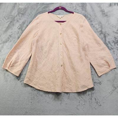 #ad Kleen Top Womens Size L Orange Linen Button Up Crop Sleeve Blouse Lagenlook $39.99