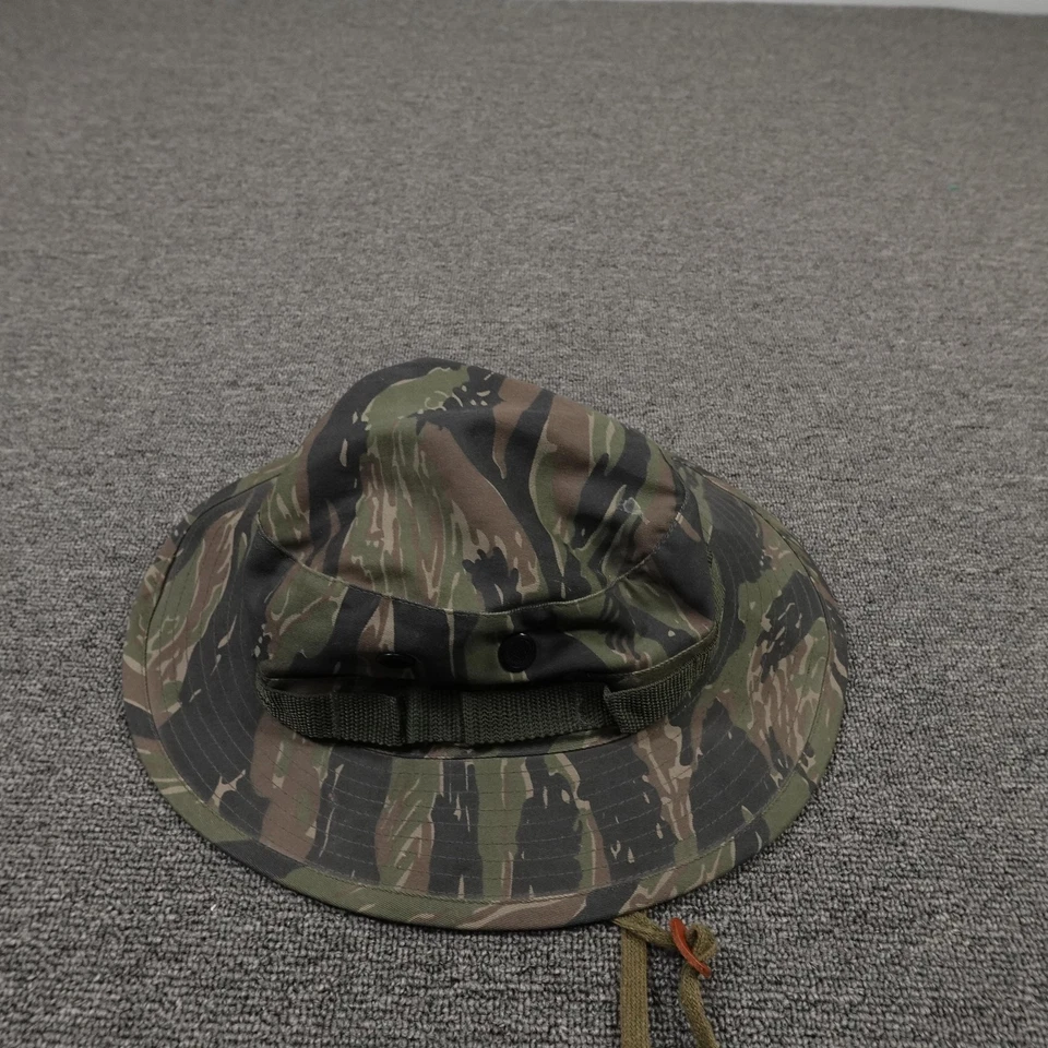 Military Tiger Stripe Camo Hat Boonie Fitted Mens 7 1/2 Green Chin Strap - Image 4 of 4