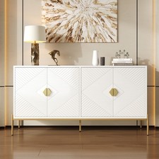 Sideboard Storage Cabinet 160cm w/ 4 Doors, Gold Handles & Metal Legs, White