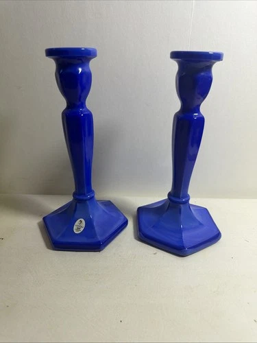 Vintage Fenton Blue Glass Candlestick Holders Hexagonal Base 8 1/2"