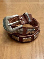 100 Leather Belt 34  Made in France Silver Buckle Concho Browb Leather Vintage