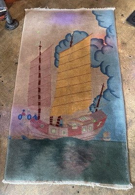 Antique Nichols Deco Chinese Junket Rug Pictorial Boat 53x30 