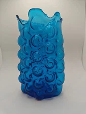 signed vintage blenko blue glass bubble wrap vase wayne husted mcm