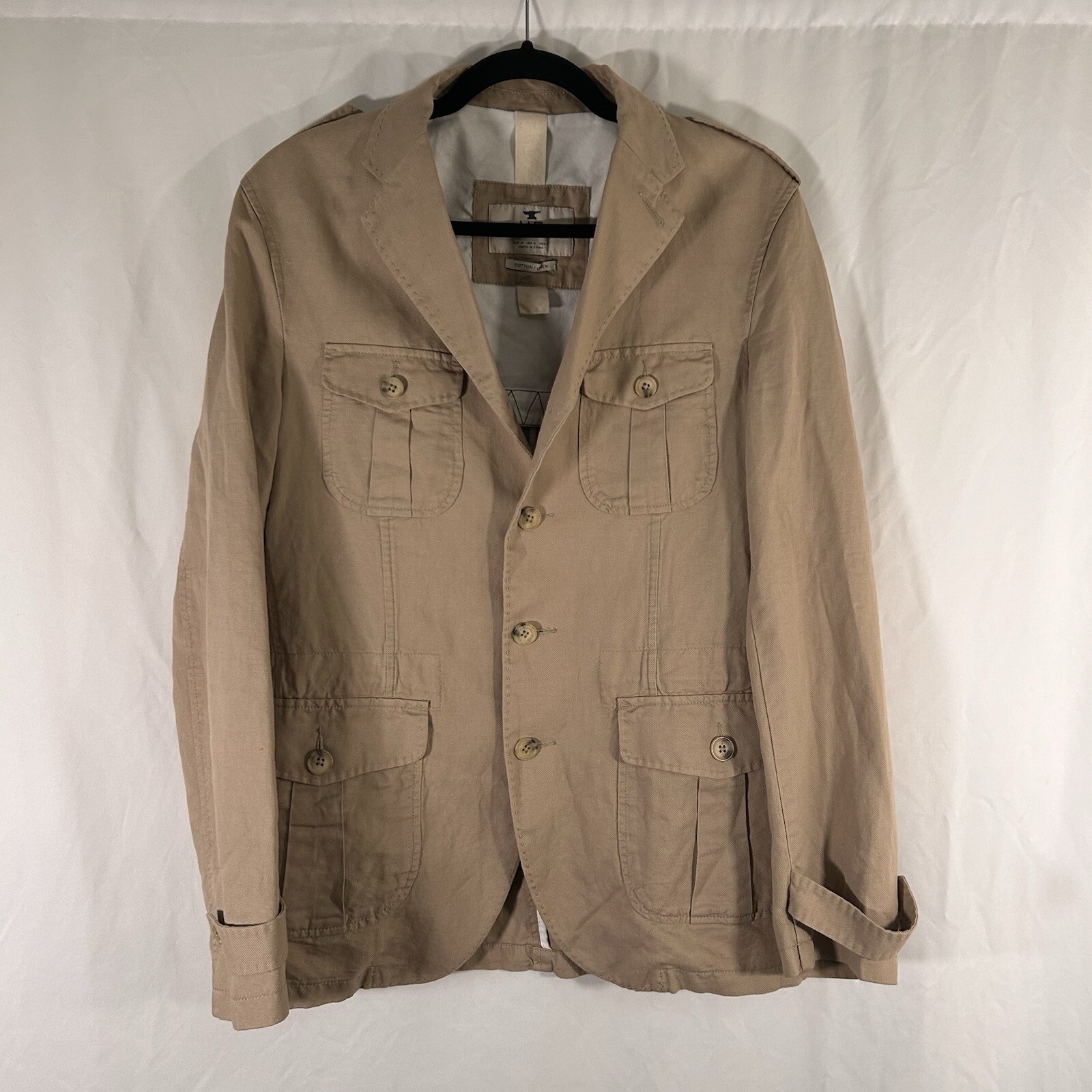 H.E. by Mango Linen Blend Jacket Women's Small Beige Button Up Front Pockets