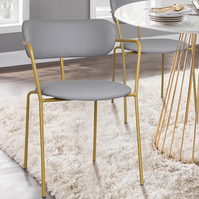 Gray Dining Chair Gold Legs Leather Seat Chair Upholstered Side Chairs