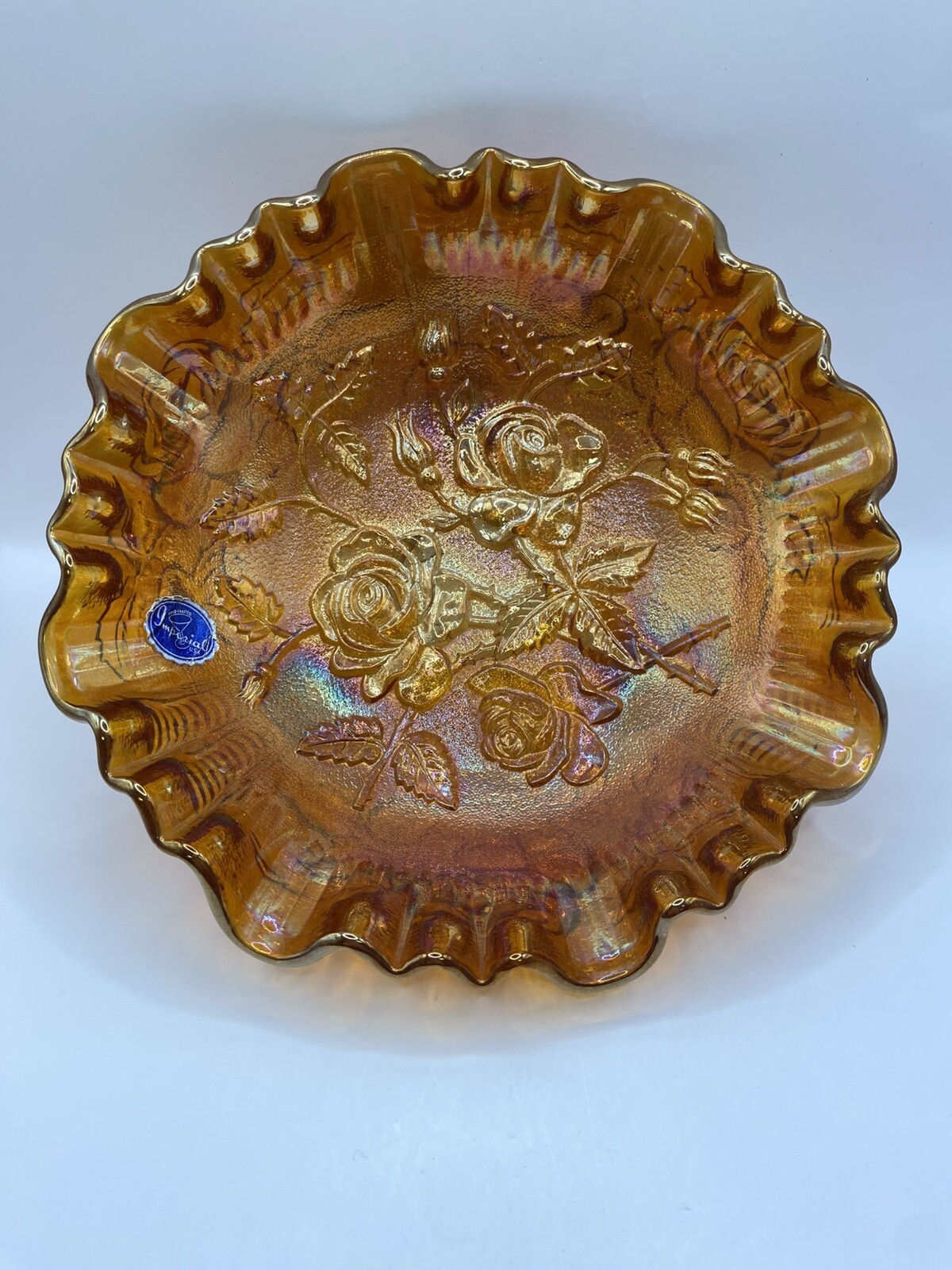 Vintage Imperial Carnival Glass Amber Marigold Ruffled Rose Bowl