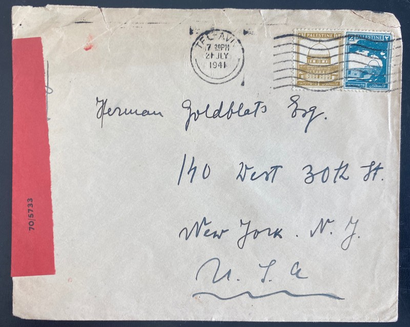 1941 Tel Aviv Palestine Censored Cover To New York Usa
