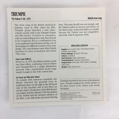 Triumph 750 Trident T 160 1975 Spec Sheet Info Card