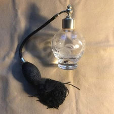 Vintage Floral Etched Glass Refillable Perfume Bottle Atomizer Bulb Gold/Glass