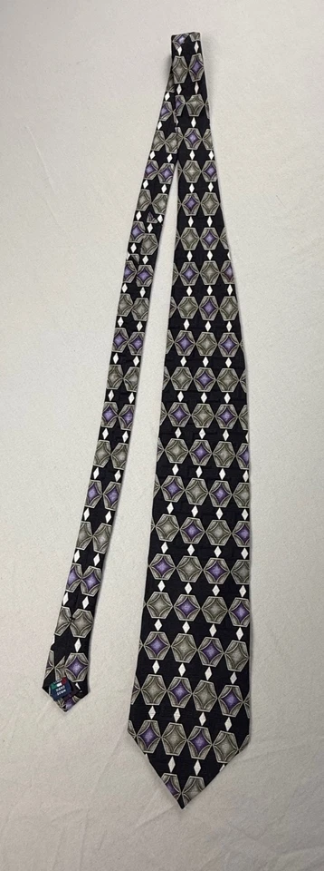 Corbata de seda italiana vintage Louis Roth geométrica negra púrpura 3,75 x 54 hecha en EE. UU. Foto 2 de 4