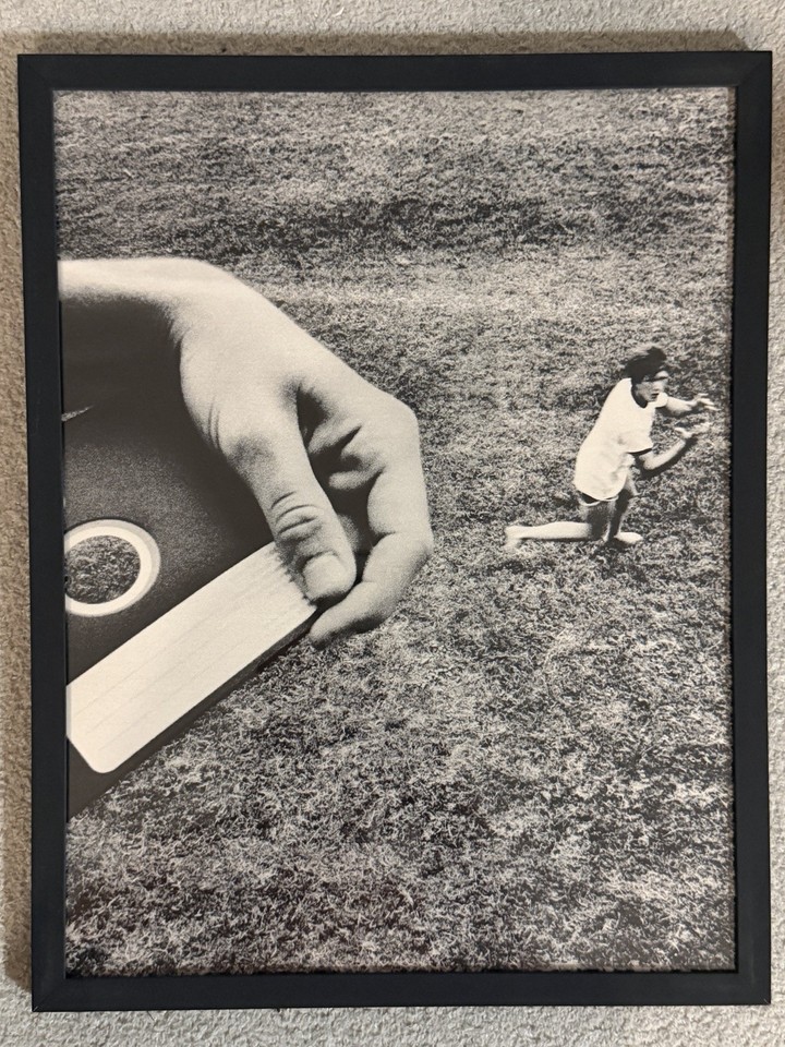 Framed magazine print of a floppy disk being used as a frisbee — deadpan tech humor that works perfectly as nerdy wall art.