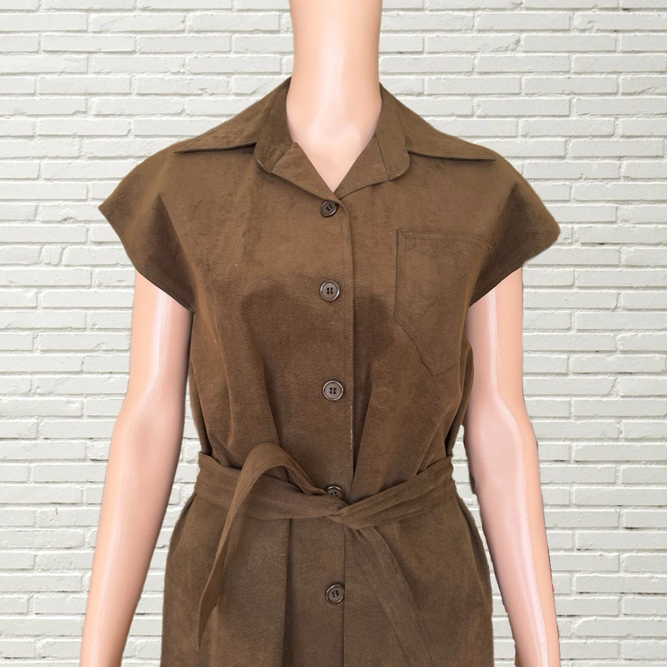 Vintage 70s Bill Blass Ultra Suede Dress - Brown Front Button Hippie - Image 2 of 4