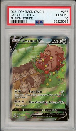 2021 Pokemon SWSH Fusion Strike Greedent V Full Art #257 PSA 10