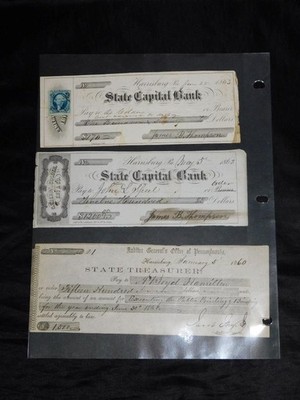Lot 3 Checks 1860 1863 Harrisburg PA State Capital Bank Stamp Pennsylvania State