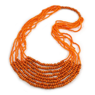 Statement Halskette orange Holz und Glasperlen mehrsträngig - 78 cm L