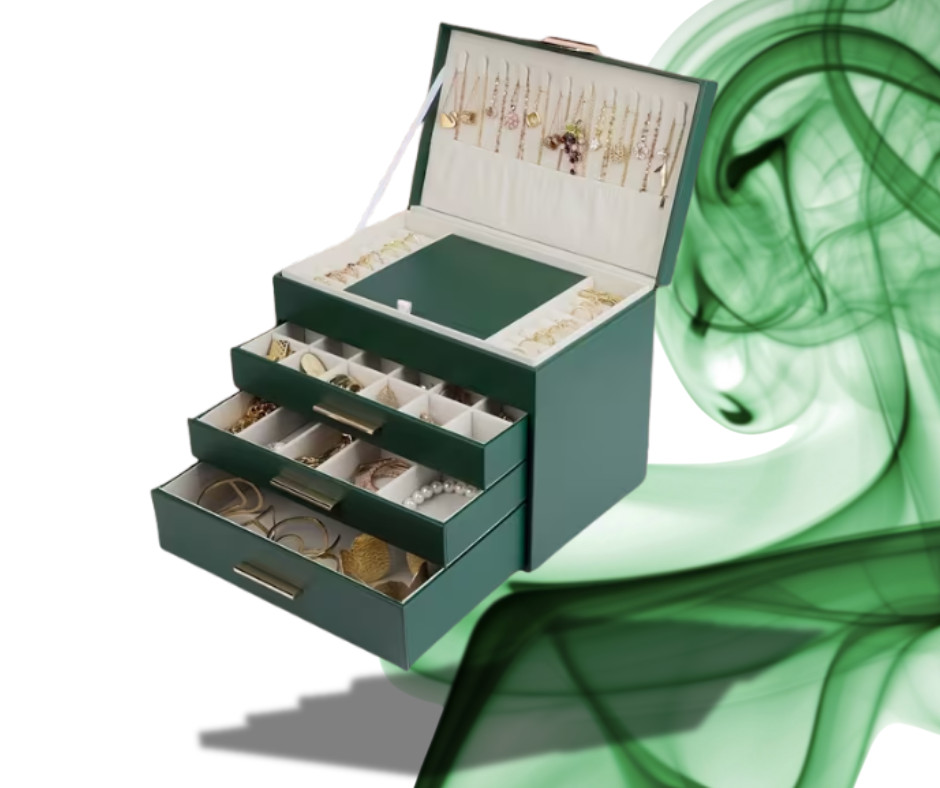 Portagioie Verde Grande con Specchio e Cassetti Organizer Gioielli Lusso Box