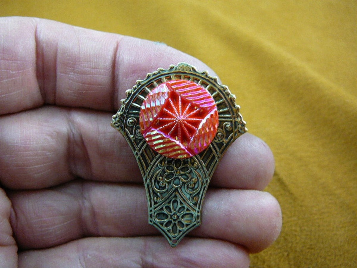 z16-24) Iridescent red pink Czech glass button scrolled Flower