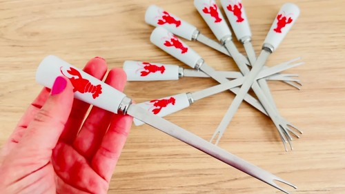 Set of Eight Porcelain Seafood Forks Picks with Lobster Design Possibly Vintage - Video 1 of 1