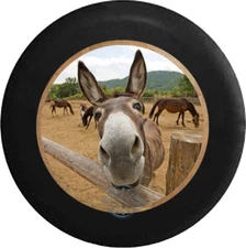 Curious Donkey Mule Horse Looking over Split Log Fence for Jeep RV tire cover
