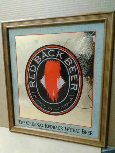 Vintage Red Back Beer Mirror Sign In Wooden Frame Advertisement