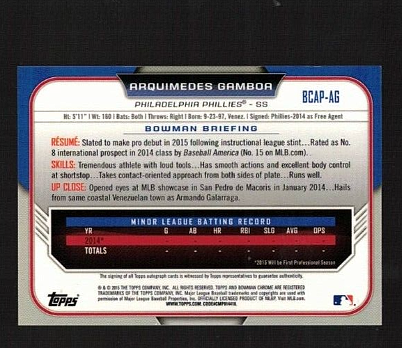 ARQUIMEDES GAMBOA Certified 2015 Bowman Chrome AutoPhiladelphia