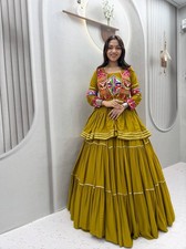 Pure Cotton Mustard Lehenga Choli Koti Set Women Gamthi Work Festival Wear