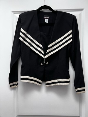 Vintage John Roberts Black Blazer Jacket Size 8 Nautical Satin Stripe Trim USA