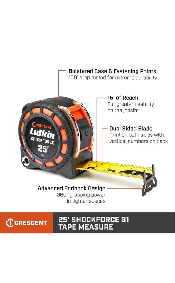 Lufkin 1-3/16" x 25' Shockforce G1 Dual Sided Tape Measure - L1125-02 - Image 3 of 4