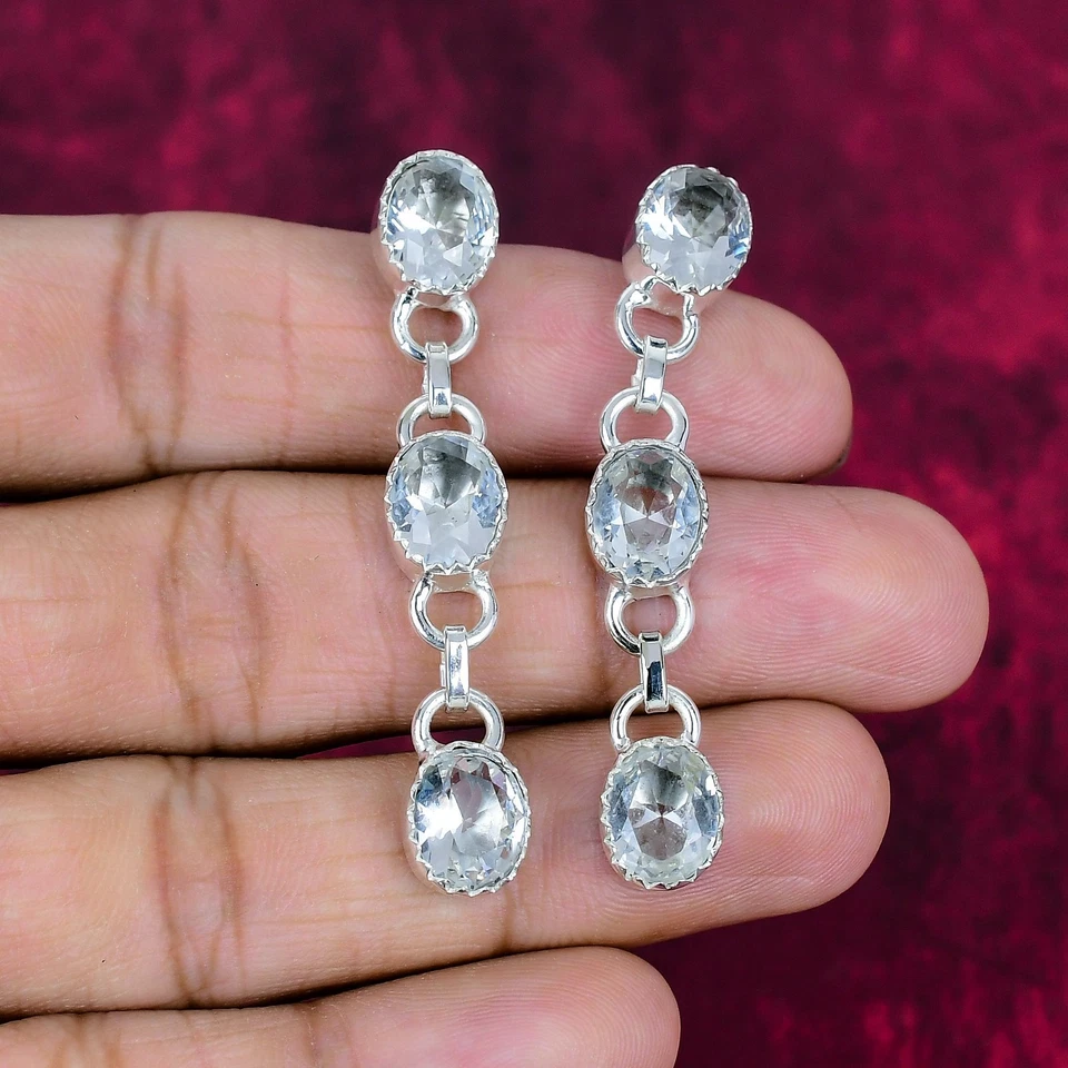 White Topaz Gemstones Handmade 925 Sterling Silver Beautiful Earrings Jewelry - Image 3 of 4
