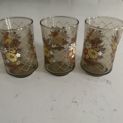 3 Vintage LIBBEY Franco Flower Wheat Juice Glass 1979s  Smokey Amber EUC