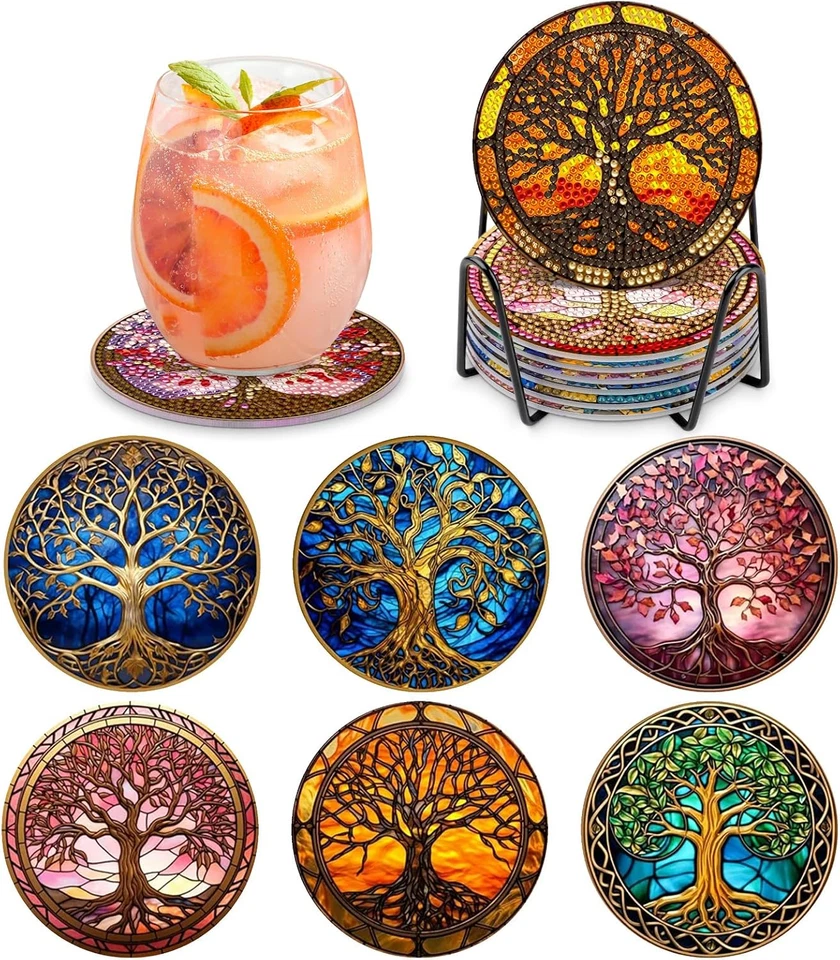MOGTAA 6 Pc Tree of Life Diamond Coasters Kit with Holder - 5D Art Coasters for