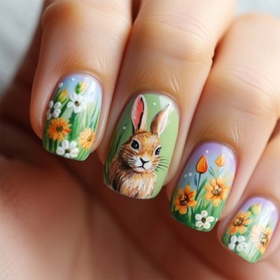 24pcs Short Square False Nail Featuring Easter Floral Designs Easy to Apply