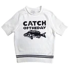 Womens White Mock Neck Catch Of The Day Fish Themed Short Sleeve Sweater