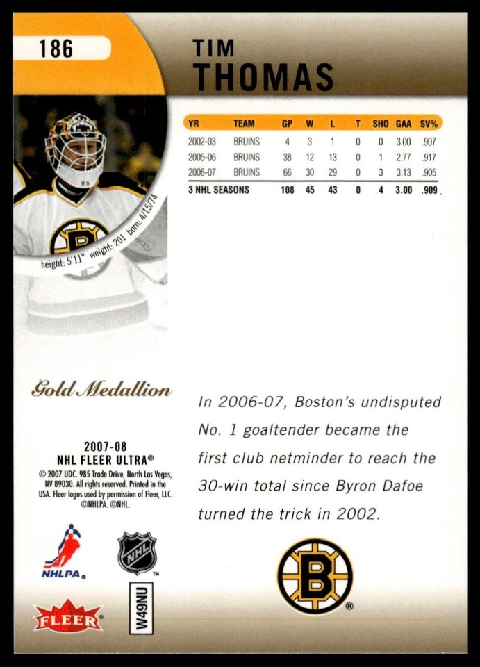 2007-08 Ultra #186 Tim Thomas Gold Medallion - Image 2 of 2