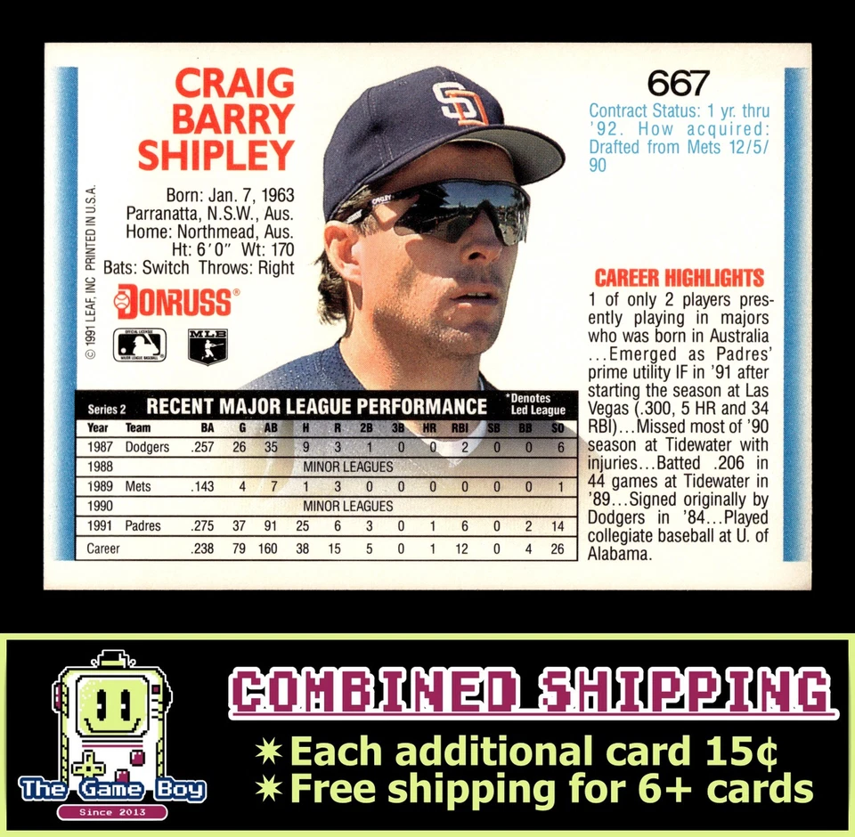 1992 Donruss #667 Craig Shipley San Diego Padres RC - Image 2 of 2