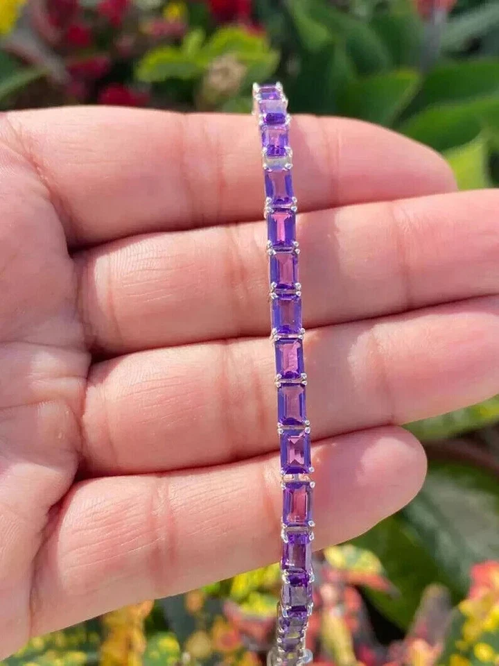 Pulsera Tenis Mujer 9Ct Esmeralda Laboratorio Creada Amatista 14k Chapado en Oro Blanco 7" Foto 2 de 4