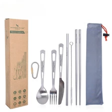 Camping Cutlery Set Titanium Spoon Fork Knife Spork Chopsticks Straw Outdoor