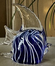 Vintage Murano Style Blown Glass Angel Fish 3.5" Blue  White Striped Figure