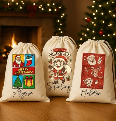 PRETTY LITTLE CUSTOMS Personalised Santa Sack Christmas Gift Bag for Custom Name comic book style