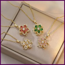 Collar Floral Zircon Brillante para Mujer Placa de Oro Flores Rotatorias