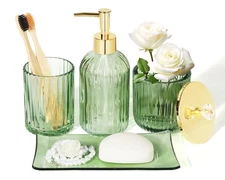 Designer Green Glass Bathroom Accessories Sets - 4 Pcs with Lotion Soap Dispe...