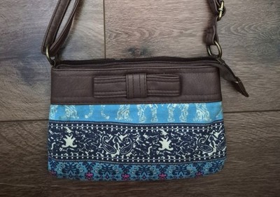 Boho Style Small Crossbody Bag Blue Pattern Brown Faux Leather Bow Detail