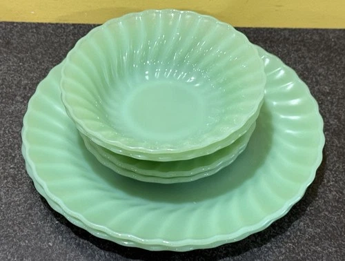 6-FIRE KING JADEITE SWIRL SHELL DINNER PLATE, SALAD PLATE, CEREAL BOWL ANCHOR HO