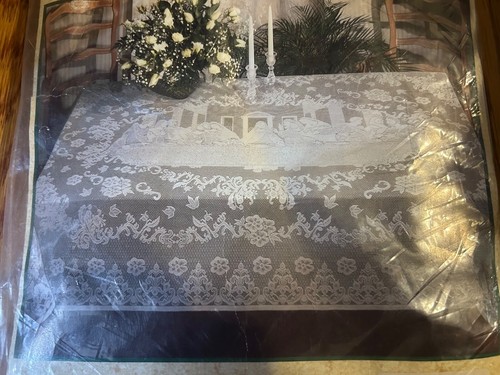 Vintage THE LAST SUPPER Beige Lace Tablecloth 70” Round 100% Polyester - Picture 2 of 8