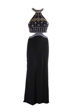 Xscape Black Sleeveless Beaded Cutout Halter Gown 0
