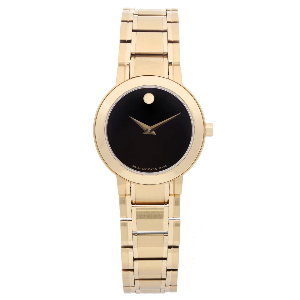 Movado Stiri 28mm Gold Tone Steel Black Dial Quartz Ladies Watch 0606942