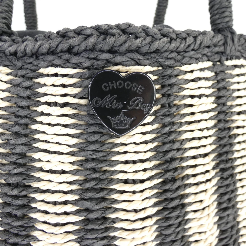 Straw Tote Bag Striped Black White Drawstring Summer Holiday Handbag Beach - Image 2 of 4