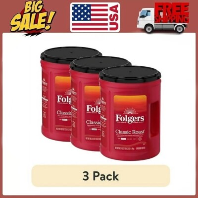 3 PACKS Folgers Classic Roast Ground Coffee, Medium Roast, 40.3 Oz. Canister